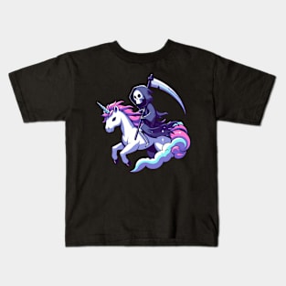 Grim Reaper Death Riding Rainbow Unicorn Kids T-Shirt